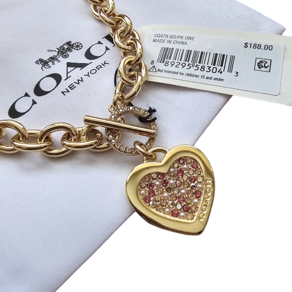 🩷 COACH Rare Pink Cubic Zirconia Pavé Crystal Heart Chain Toggle Necklace NWT - Picture 4 of 6